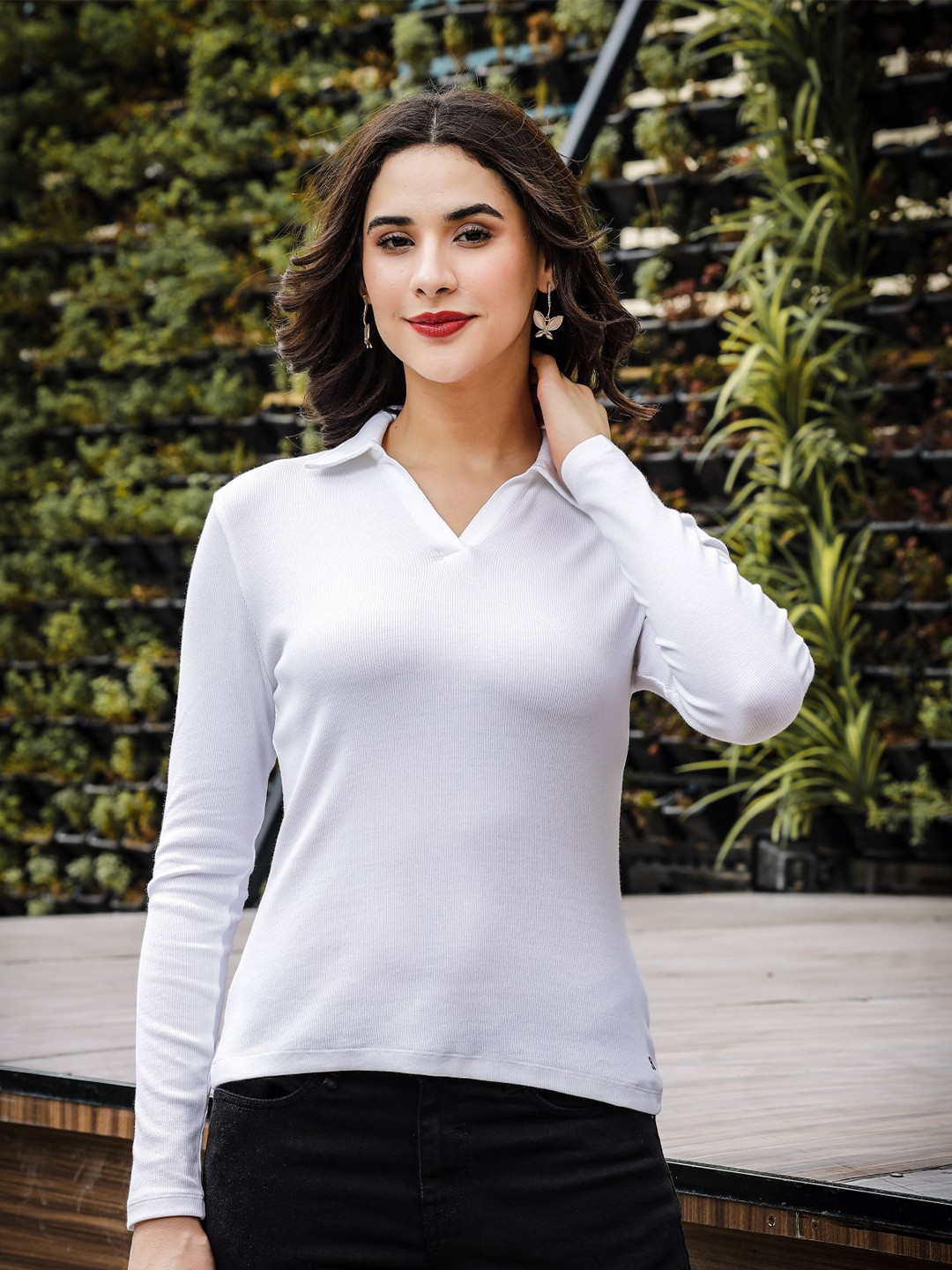 

One Sky Women Solid Polo Collar Long Sleeves Cotton T-Shirt, White