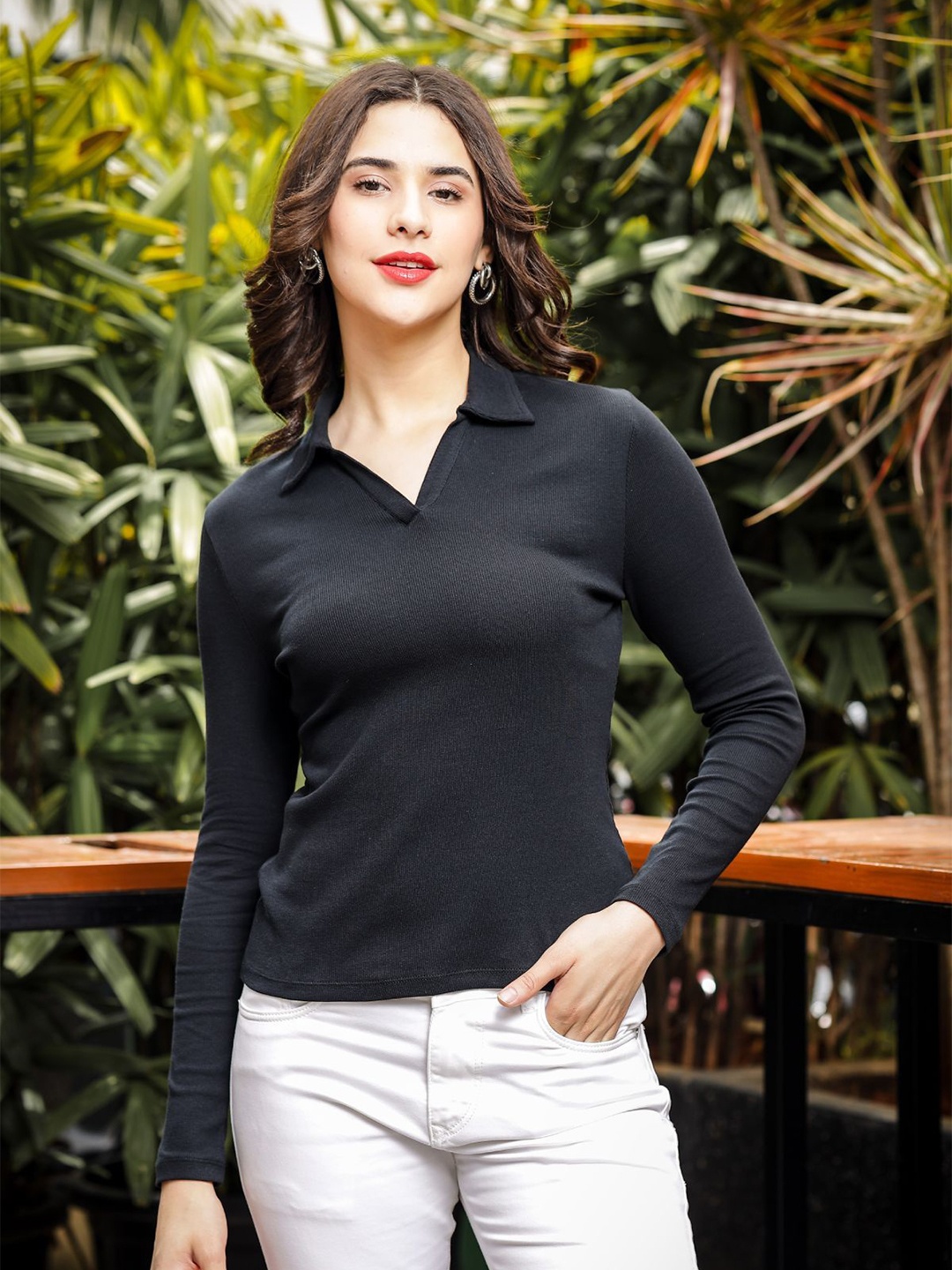 

One Sky Women Polo Collar Long Sleeves Cotton T-Shirt, Black