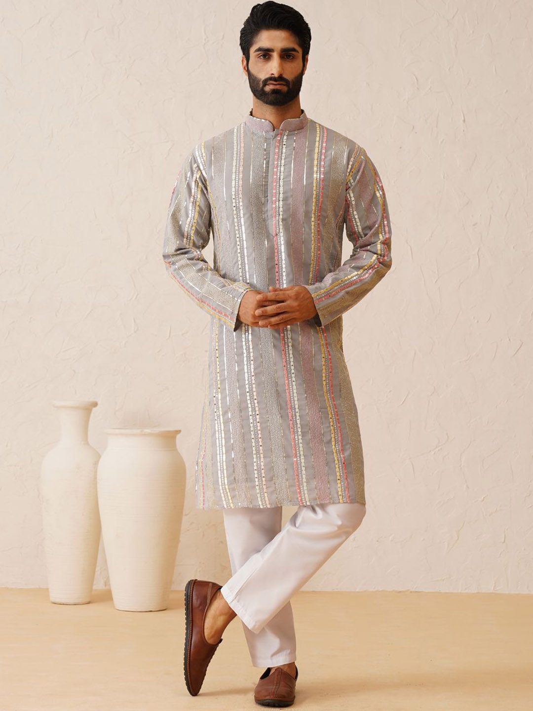

SOJANYA LUXE Mandarin Collar Embroidered Regular Kurta with Pyjamas, Grey