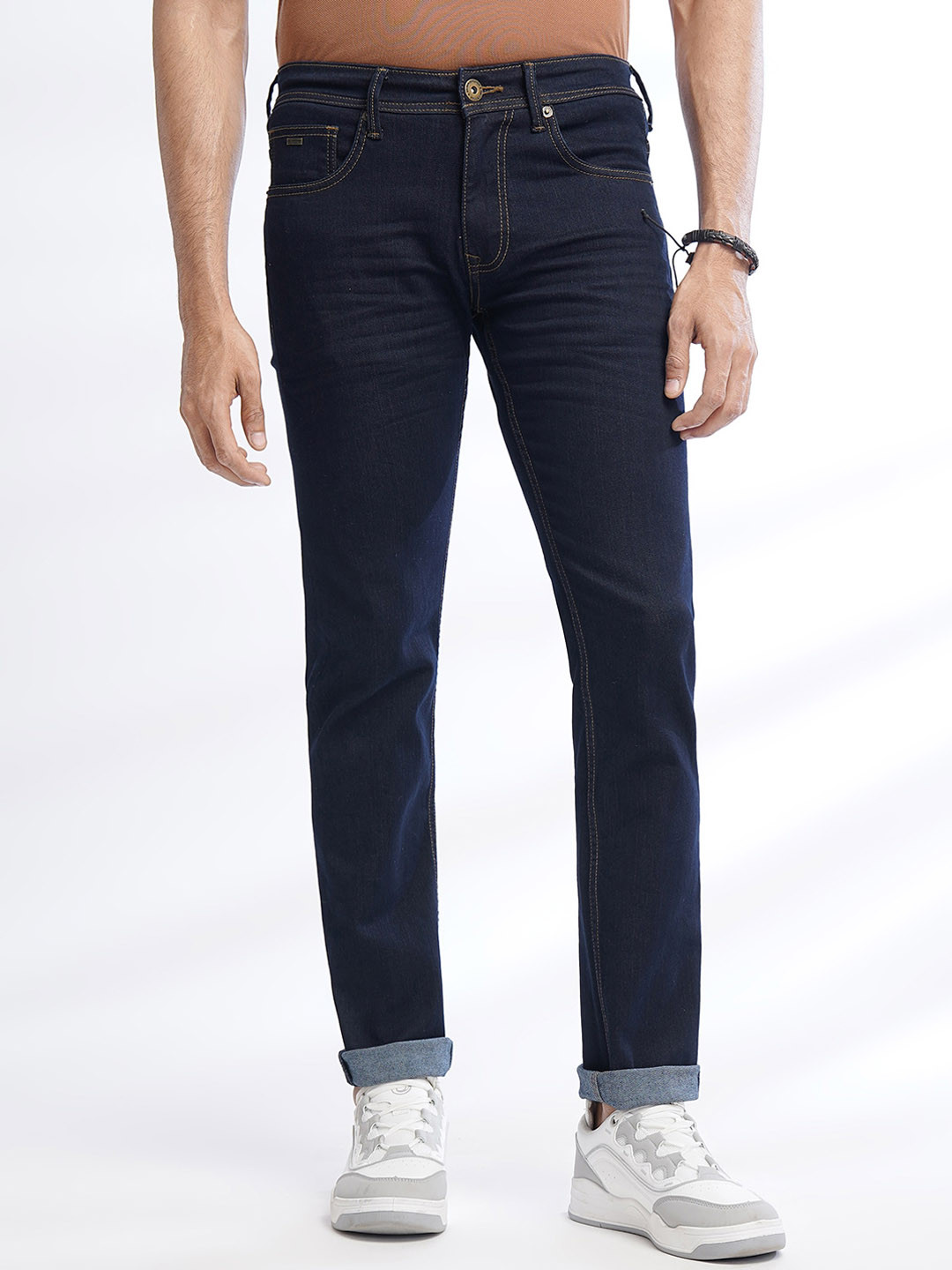 

Greenfibre Men Slim Fit Mid-Rise Clean Look Cotton Jeans, Navy blue