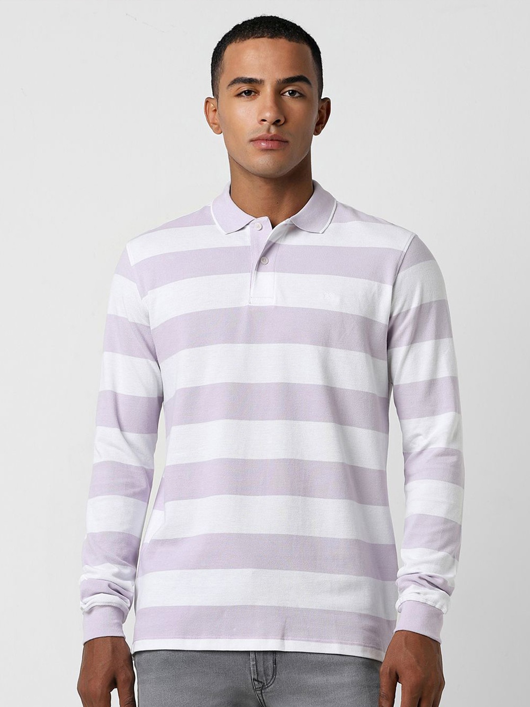 

Peter England Striped Polo Collar Cotton T-shirt, Purple