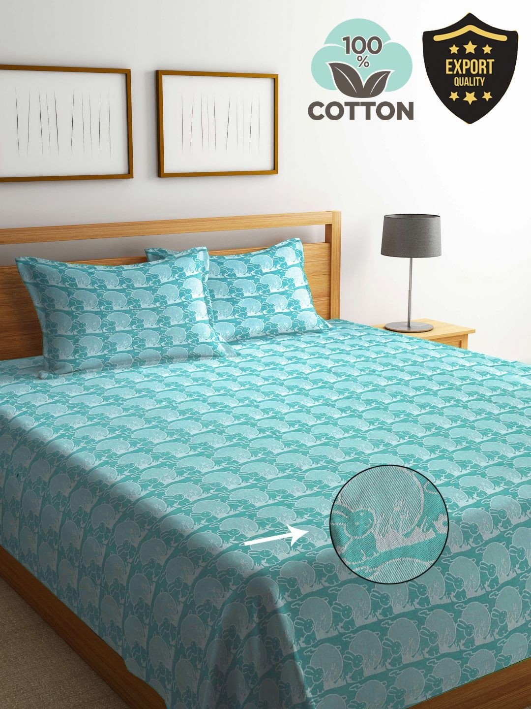 

KLOTTHE Turquoise Blue Printed 400 TC Pure Cotton Double King Bedcover & 2 Pillow covers