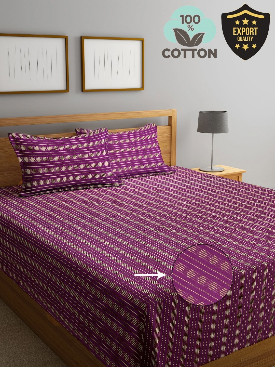 KLOTTHE Striped 400 TC Pure Cotton King Bed Cover With 2 Pillow Covers, Magenta