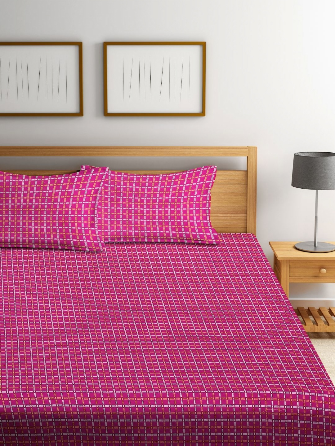 

KLOTTHE Pink Checked 400 TC Pure Cotton Double King Bed Cover With 2 Pillow Covers