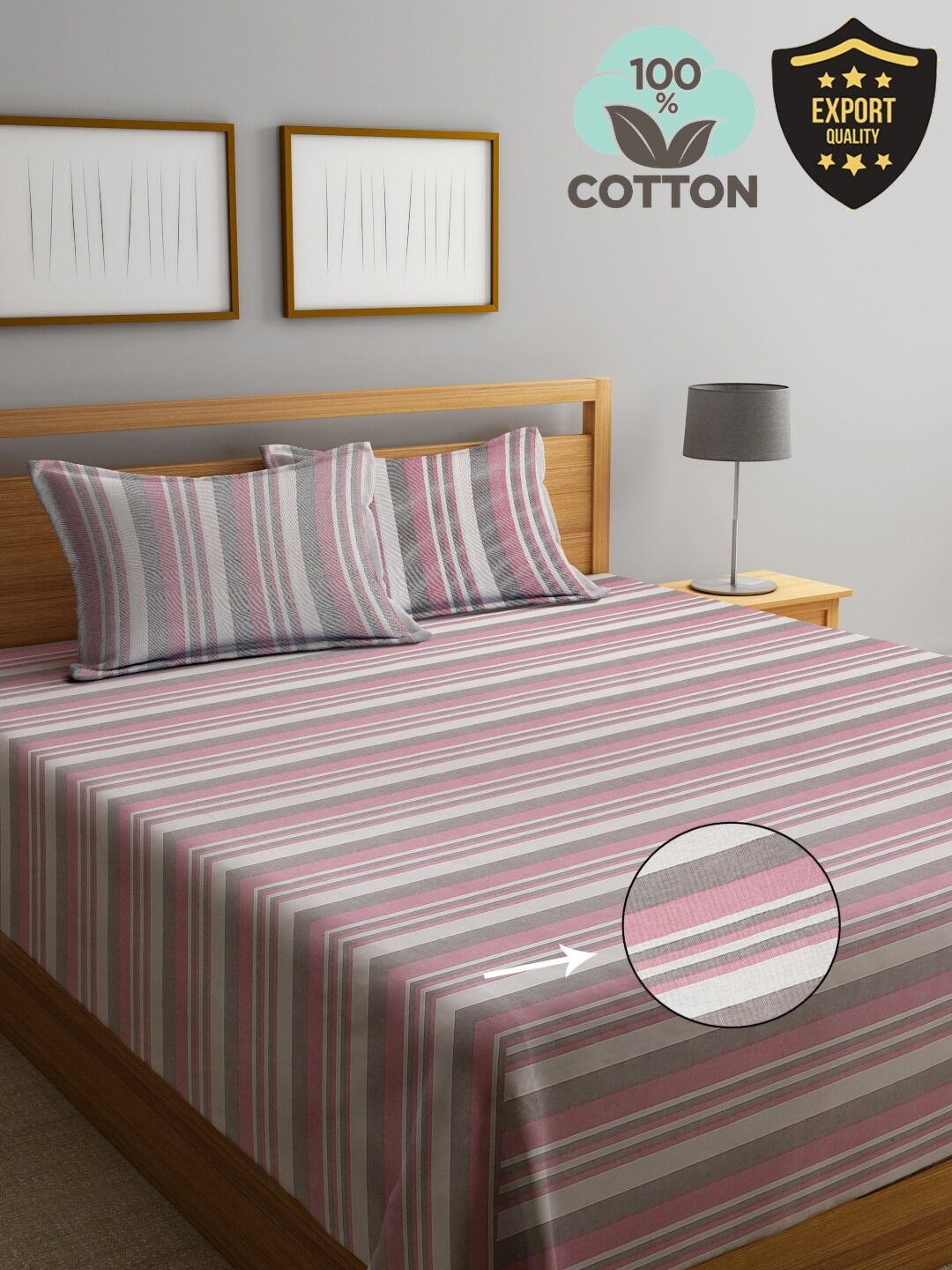 

KLOTTHE Pink & Grey Striped 400 TC Pure Cotton Double Bed Cover With 2 Pillow Covers