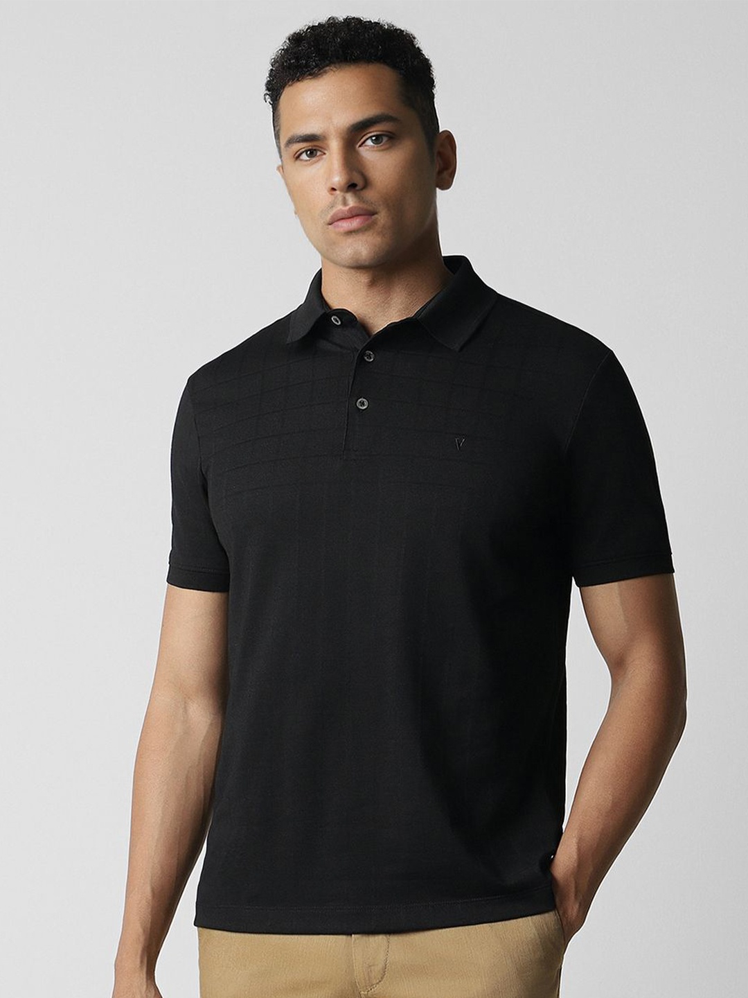 

Van Heusen Checked Polo Collar Cotton T-shirt, Black