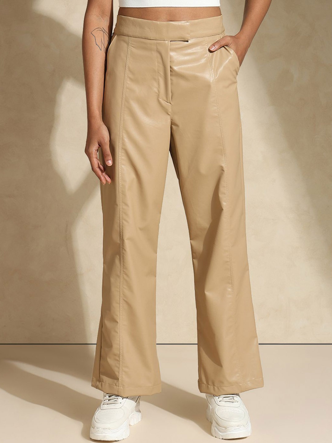 

Silvertraq Women Faux Leather Trousers, Beige