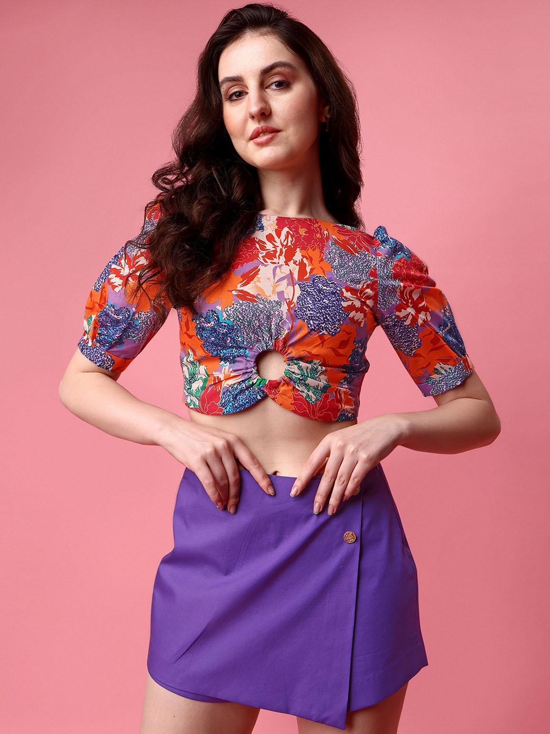 

GARDEN PARTY Floral Printed Boat Neck Pure Cotton Corp Top With High Waist Skorts, Red