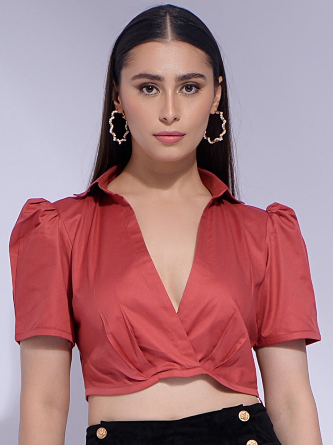

GARDEN PARTY Short Puff Sleeves Pure Cotton Crop Shirt & shorts, Rust