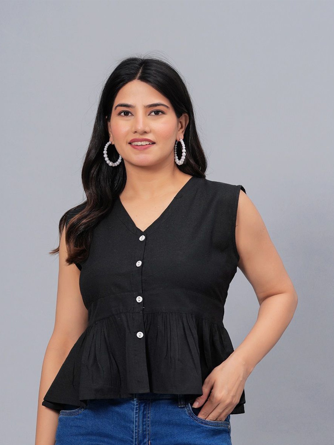 

Stylum Black V-Neck Gathered Peplum Top