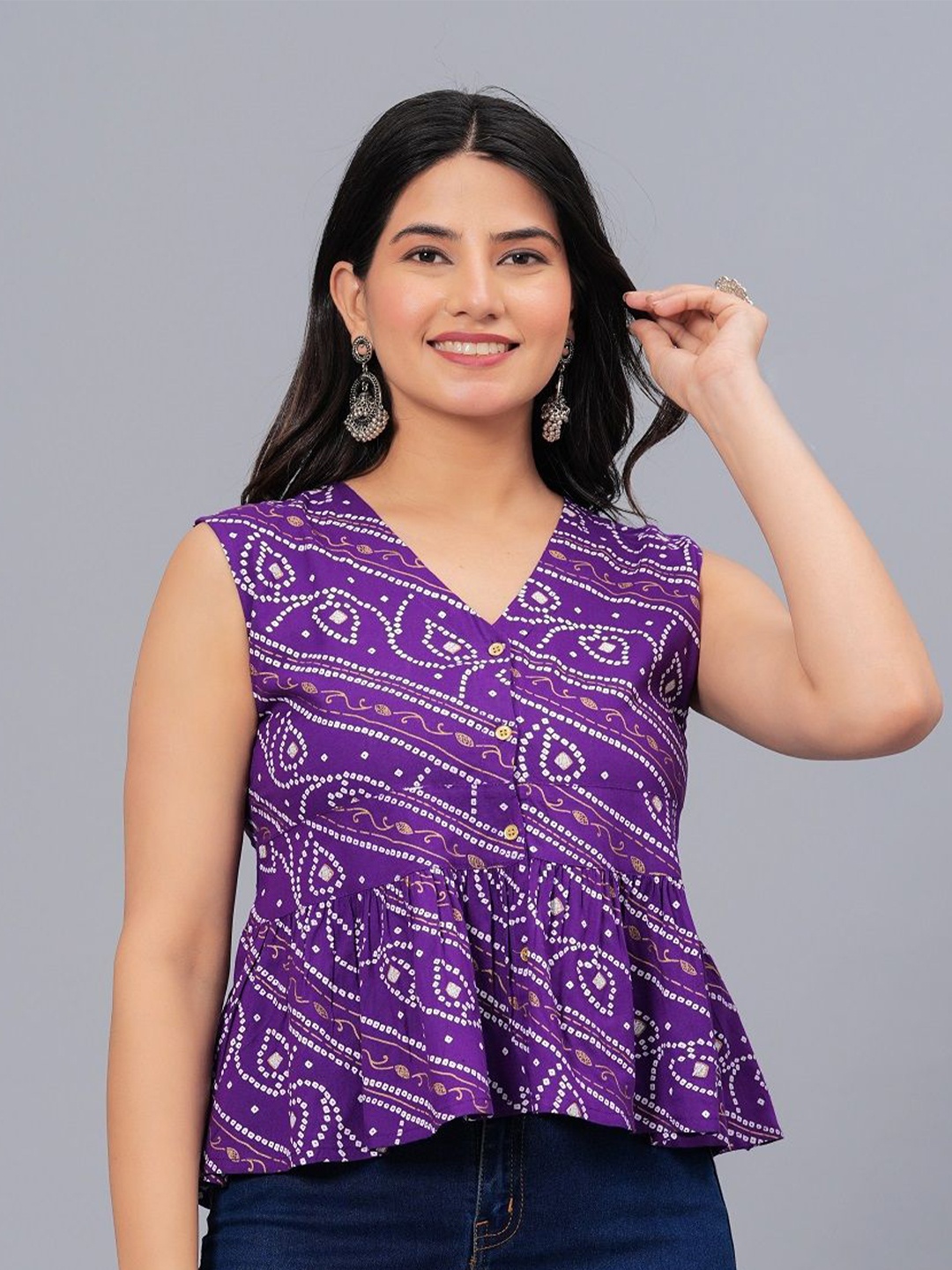 

Stylum Purple Ethnic Motifs Printed V-Neck Gathered Peplum Top