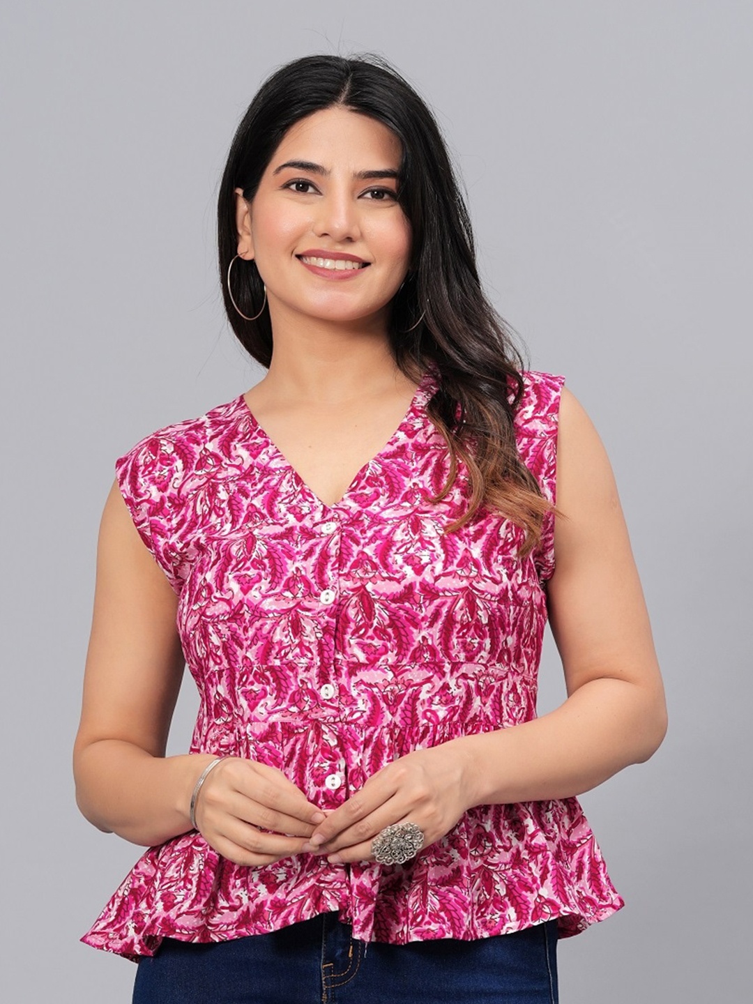 

Stylum Pink Floral Printed V-Neck Gathered Peplum Top