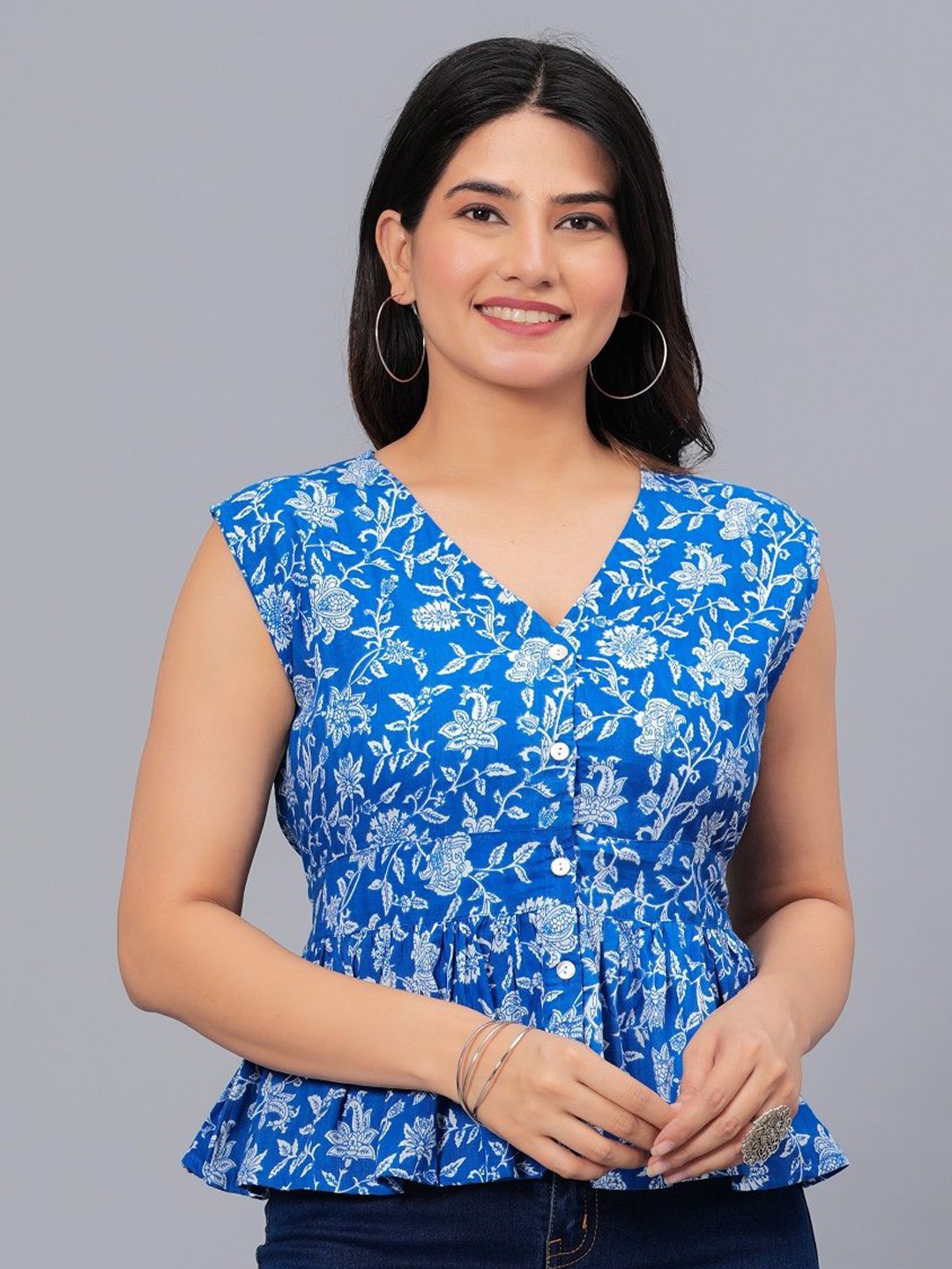 

Stylum Blue Floral Printed V-Neck Gathered Cotton Peplum Top