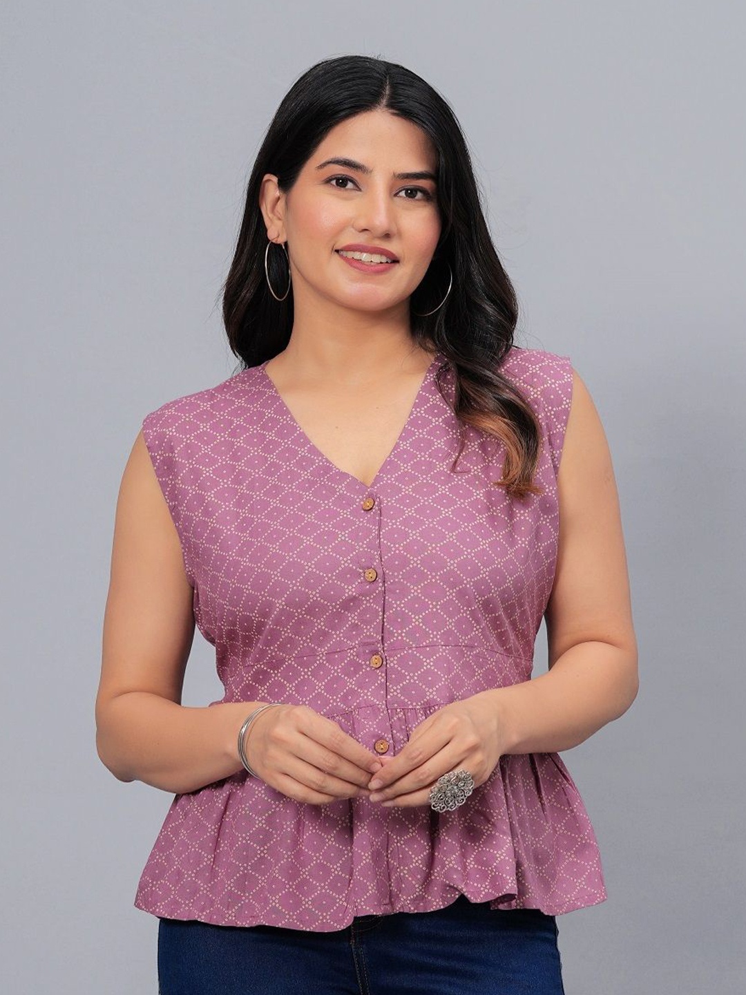

Stylum Mauve Ethnic Motifs Printed V-Neck Gathered Cotton Peplum Top