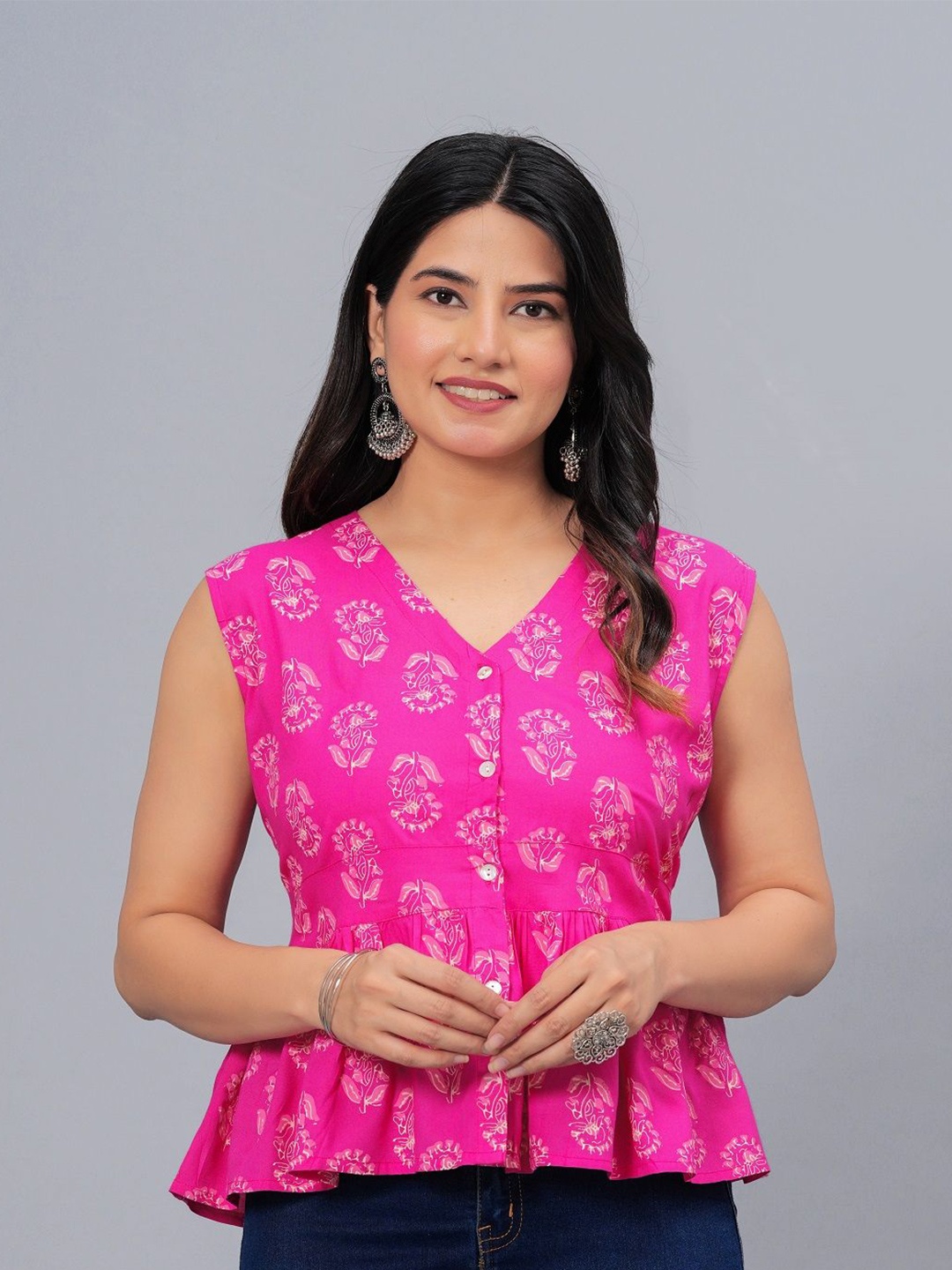 

Stylum Pink Ethnic Motifs Printed V-Neck Gathered Peplum Top