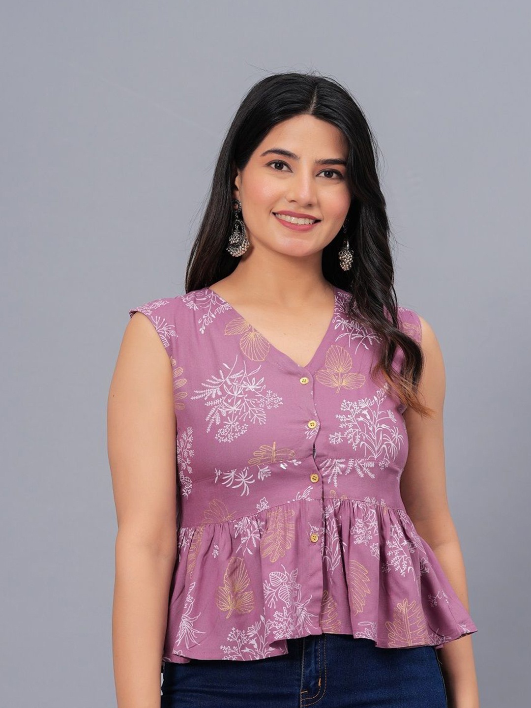 

Stylum Mauve Floral Printed V-Neck Gathered Peplum Top