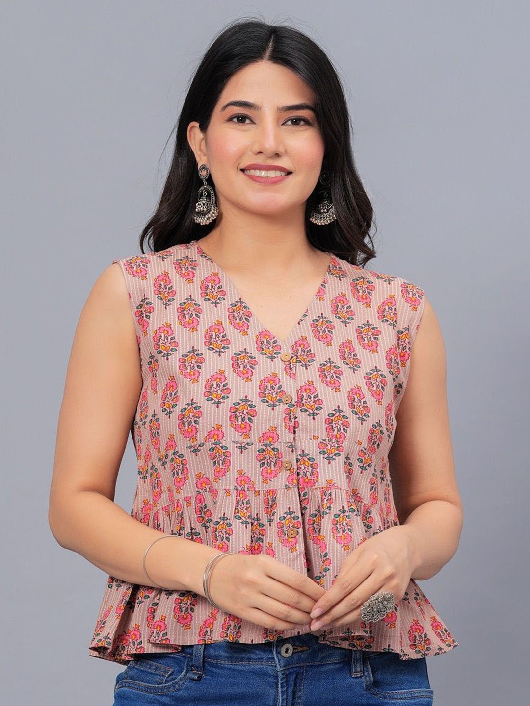 

Stylum Peach Ethnic Motifs Printed V-Neck Gathered Peplum Top