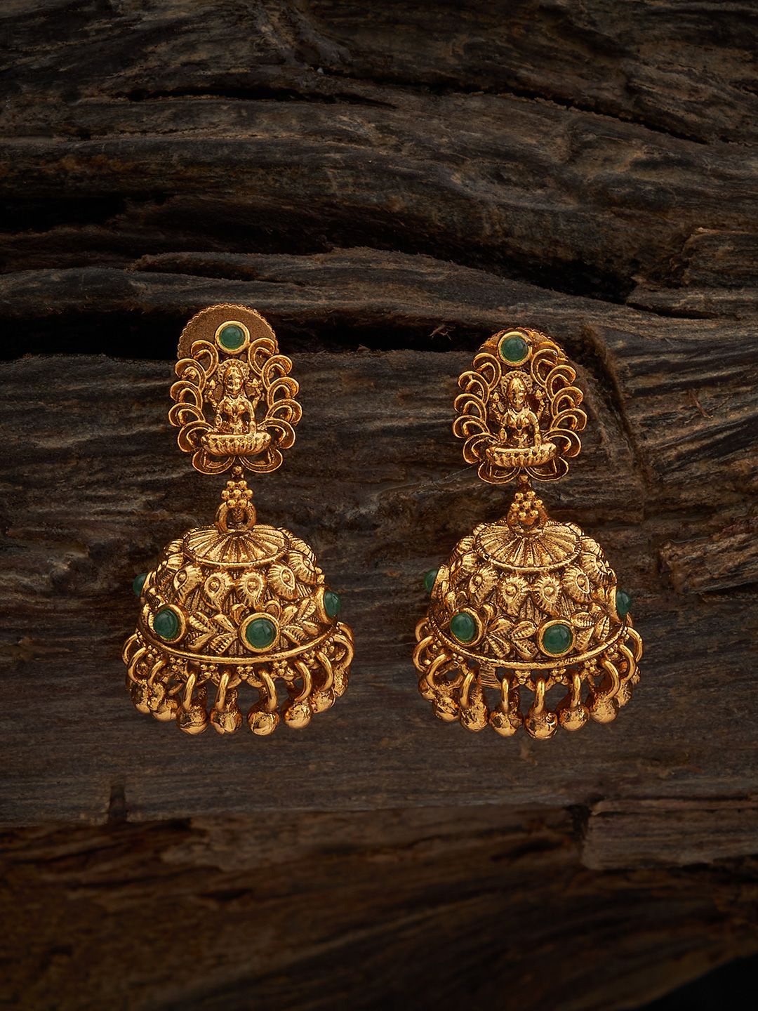 

Kushal's Fashion Jewellery Gold-Plated Stone-Studded Dome Shaped Antique Jhumkas