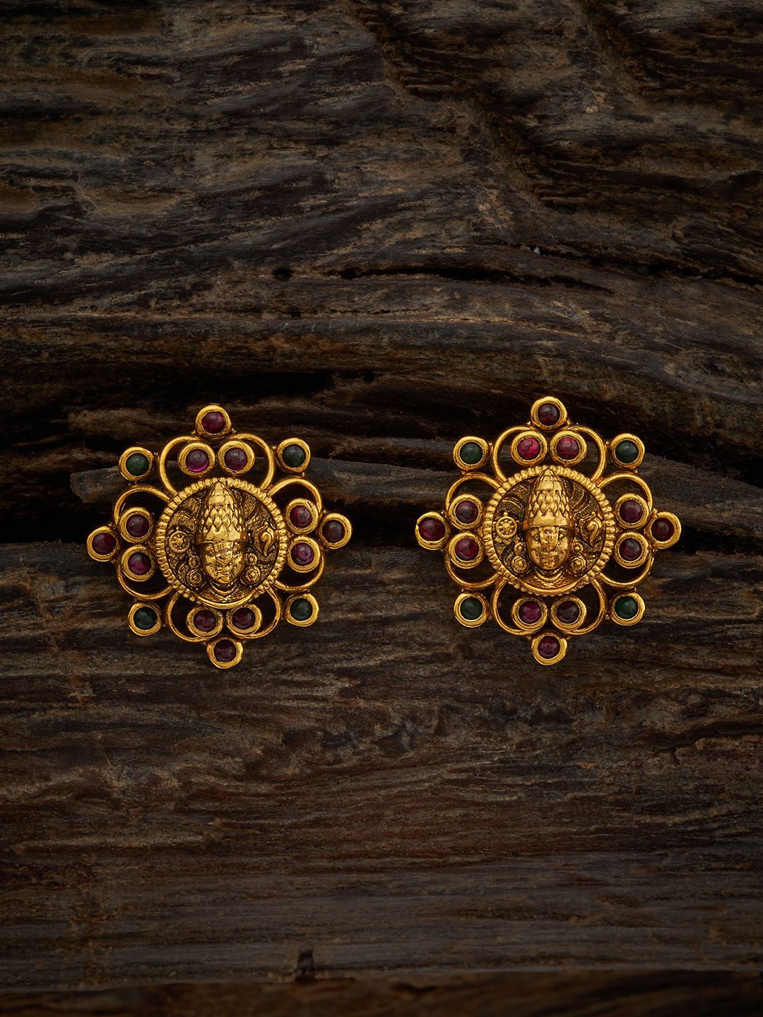 

Kushal's Fashion Jewellery Gold-Plated Stone-Studded Floral Antique Studs Earrings