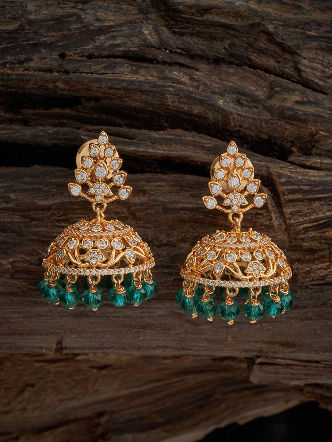 

Kushal's Fashion Jewellery Gold-Plated Zircon-Studded & Beaded Dome Shaped Antique Jhumkas