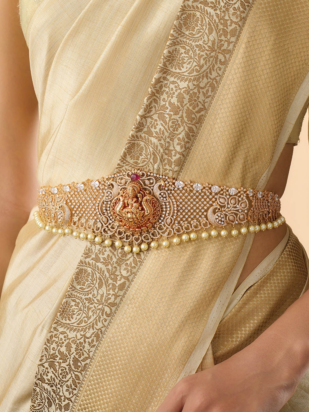 

Kushal's Fashion Jewellery Gold-Plated Cubic Zirconia Studded Waist Chain, Red