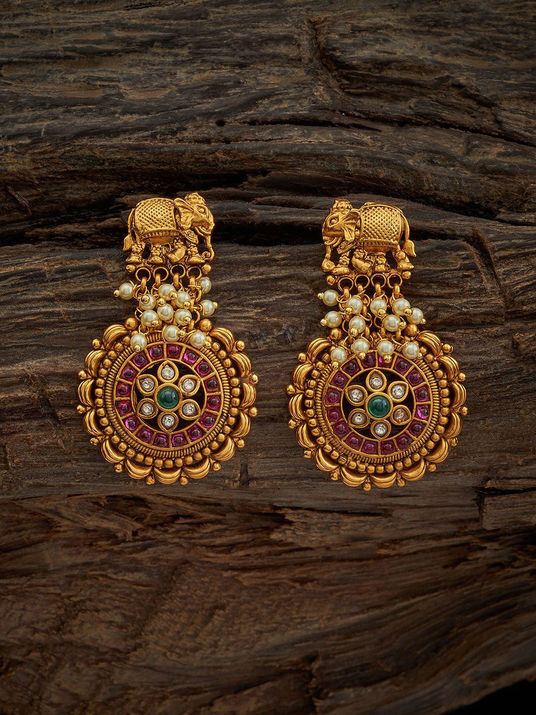 

Kushal's Fashion Jewellery Gold-Plated Stone-Studded Beaded Classic Antique Drop Earrings