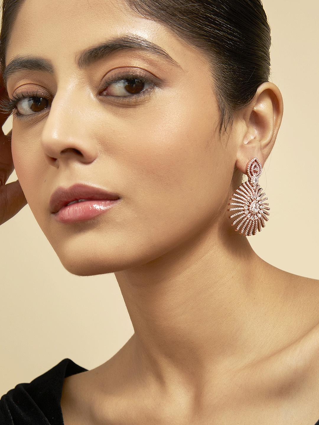 

Kushal's Fashion Jewellery Rose Gold-Plated Zircon-Studded Teardrop Shaped Drop Earrings