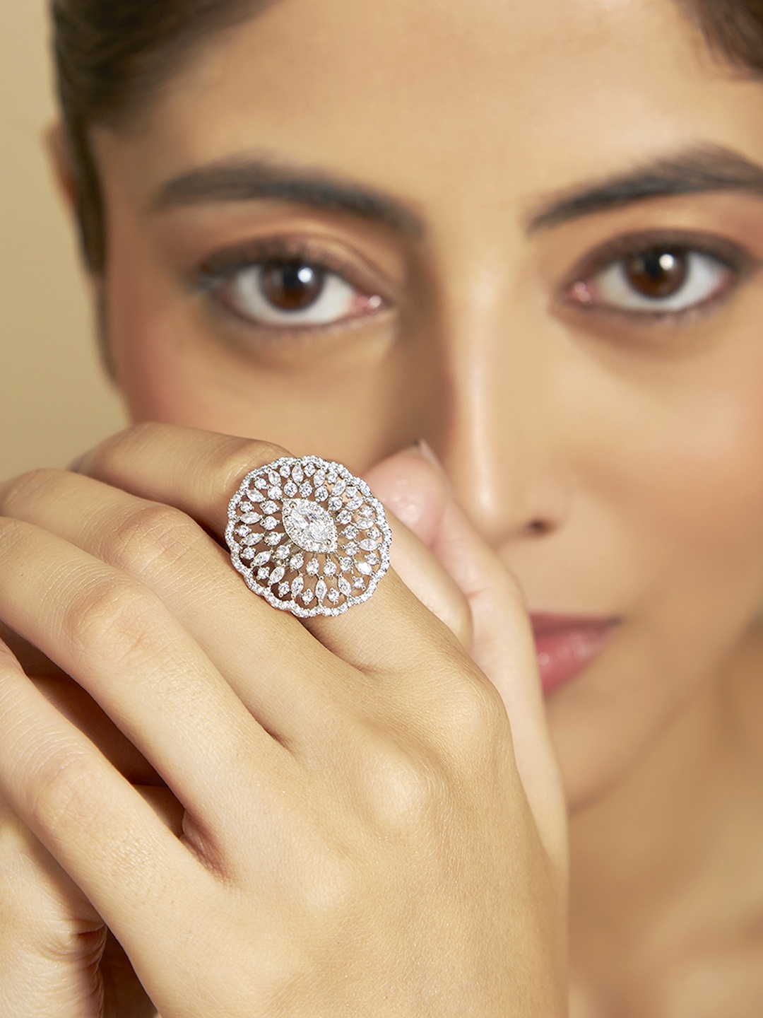 

Kushal's Fashion Jewellery Rhodium Plated Cubic Zirconia Studded Finger Ring, Silver