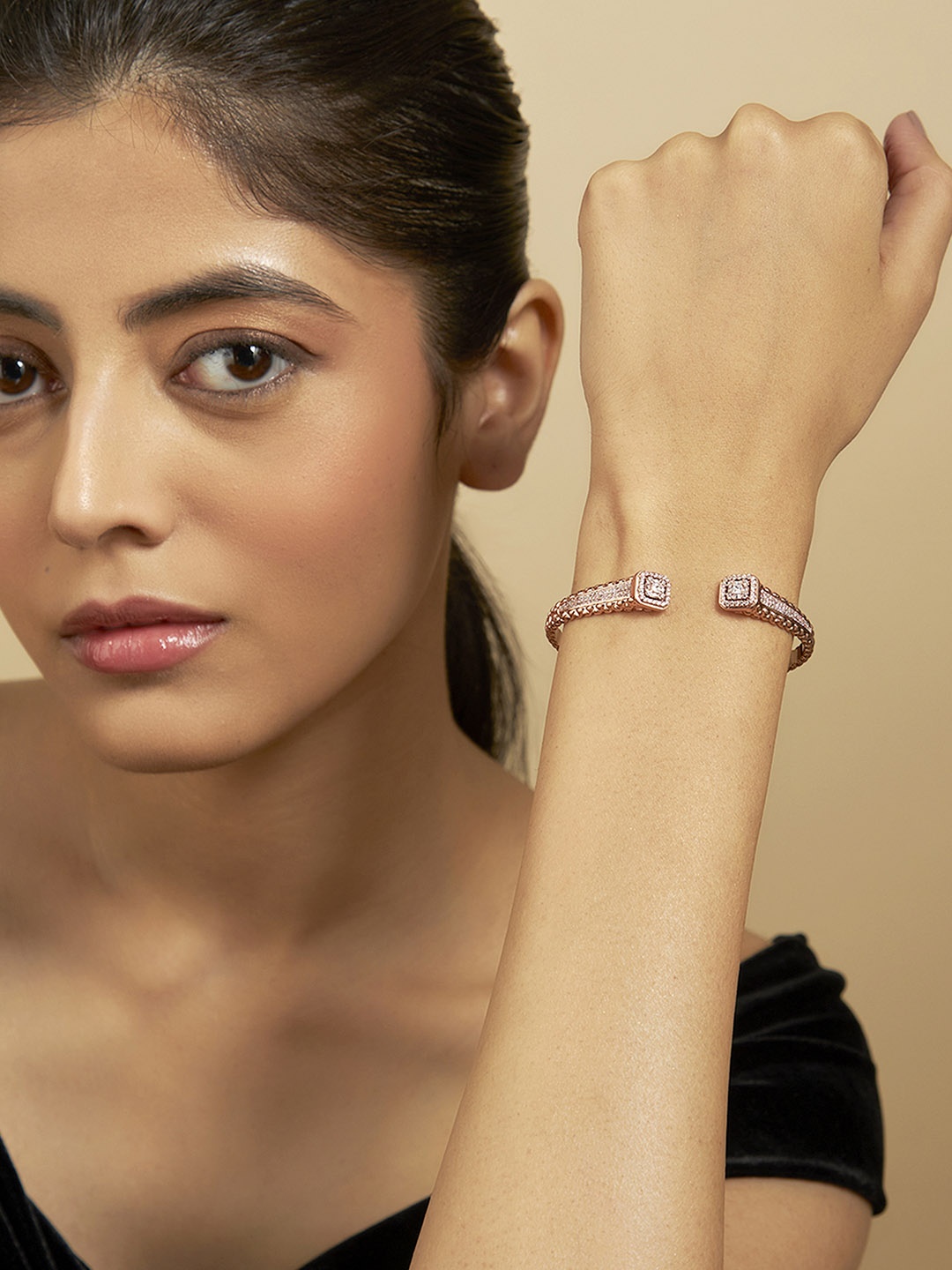 

Kushal's Fashion Jewellery Cubic Zirconia Rose Gold Plated Kada Bracelet
