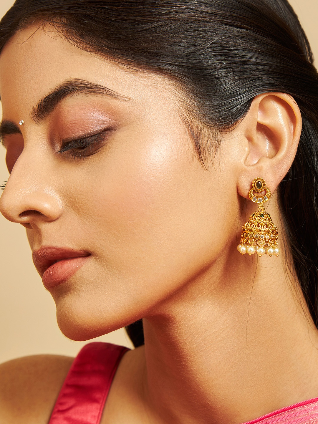 

Kushal's Fashion Jewellery Gold-Plated Stones Studded & Beaded Dome Shaped Jhumkas
