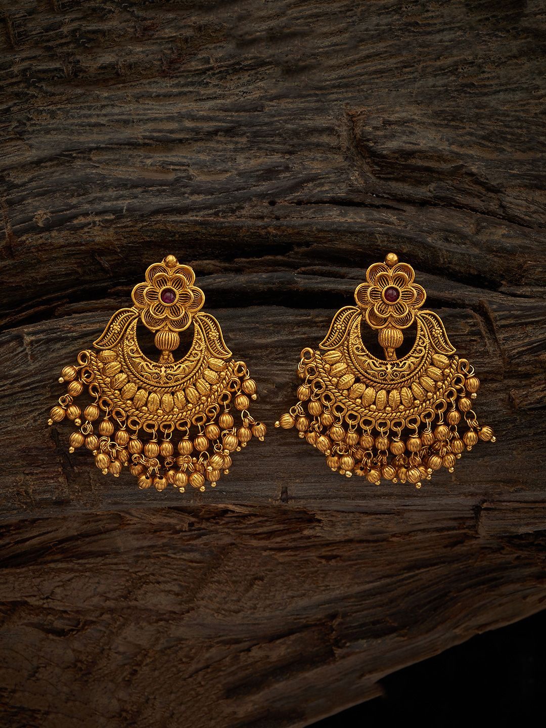 

Kushal's Fashion Jewellery Gold-Plated Stone-Studded Floral Antique Chandbalis