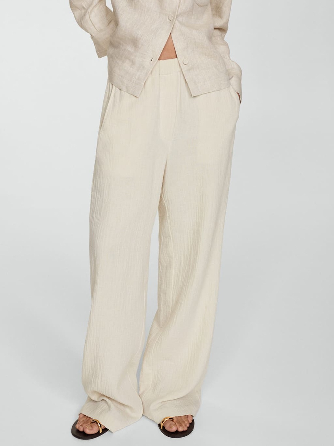 

MANGO Women Wide-Leg Cotton Trousers, Cream