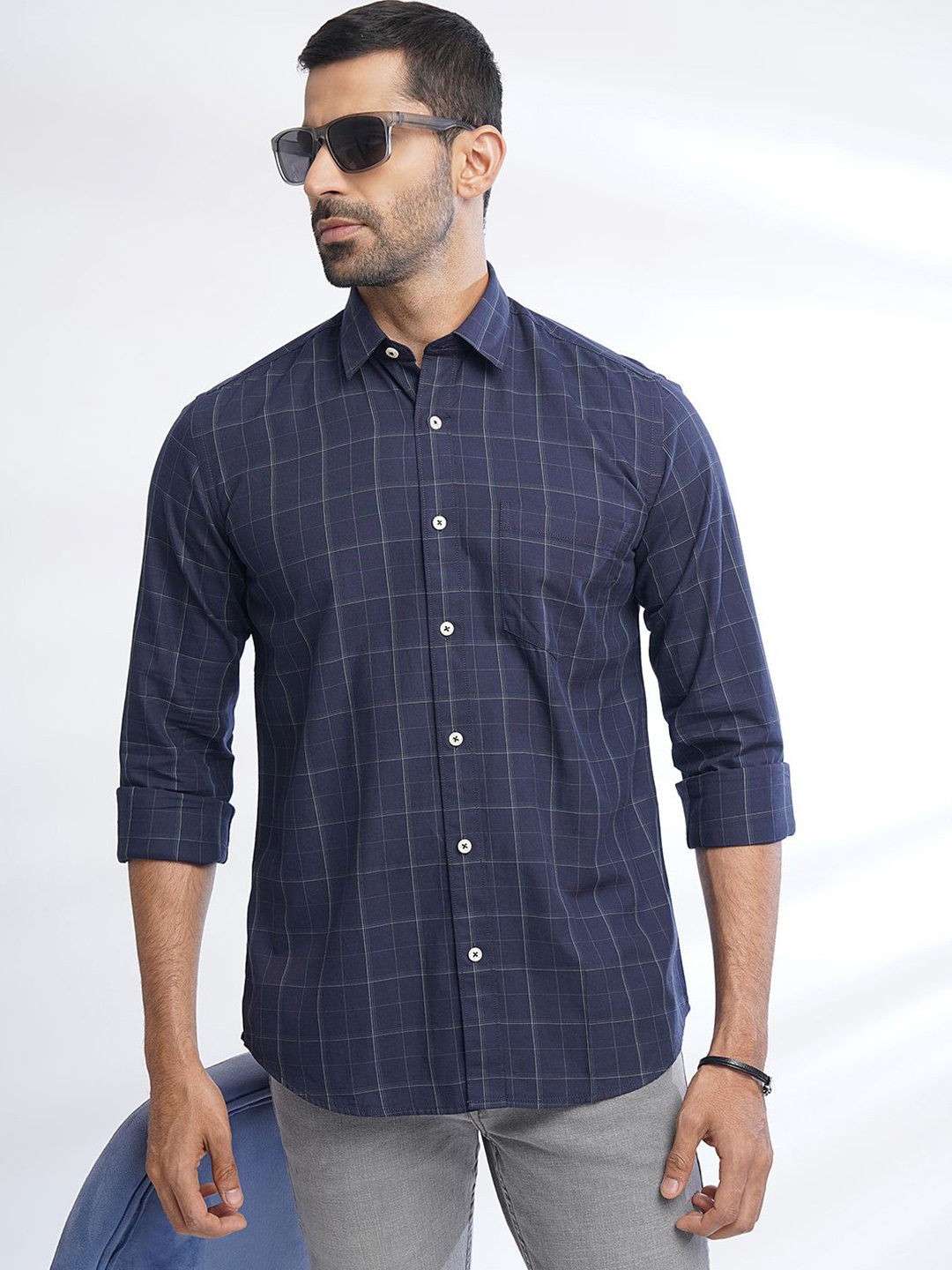 

JADE BLUE Slim Fit Opaque Checked Cotton Casual Shirt, Navy blue