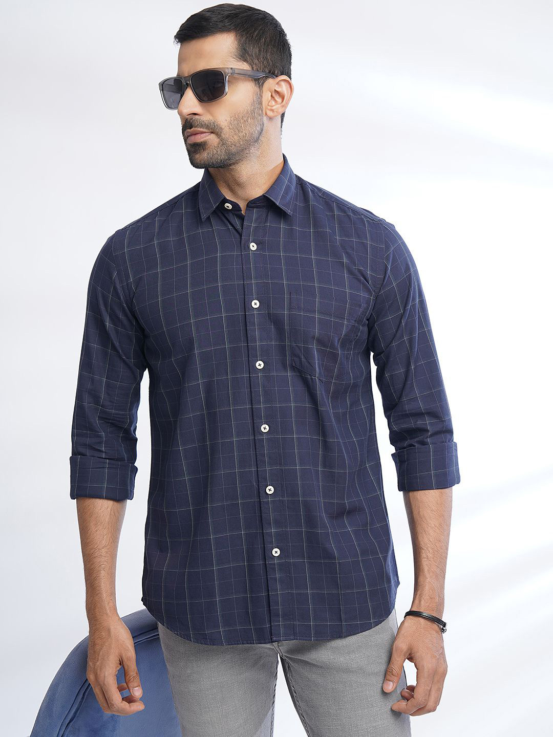 

JADE BLUE Slim Fit Opaque Checked Cotton Casual Shirt, Navy blue