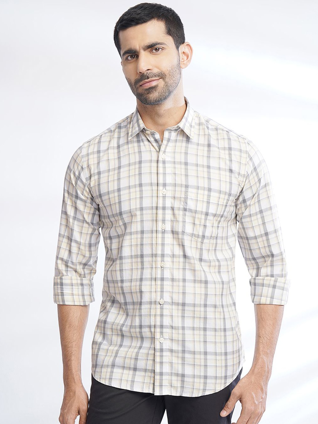 

JADE BLUE Slim Fit Opaque Checked Cotton Casual Shirt, Yellow