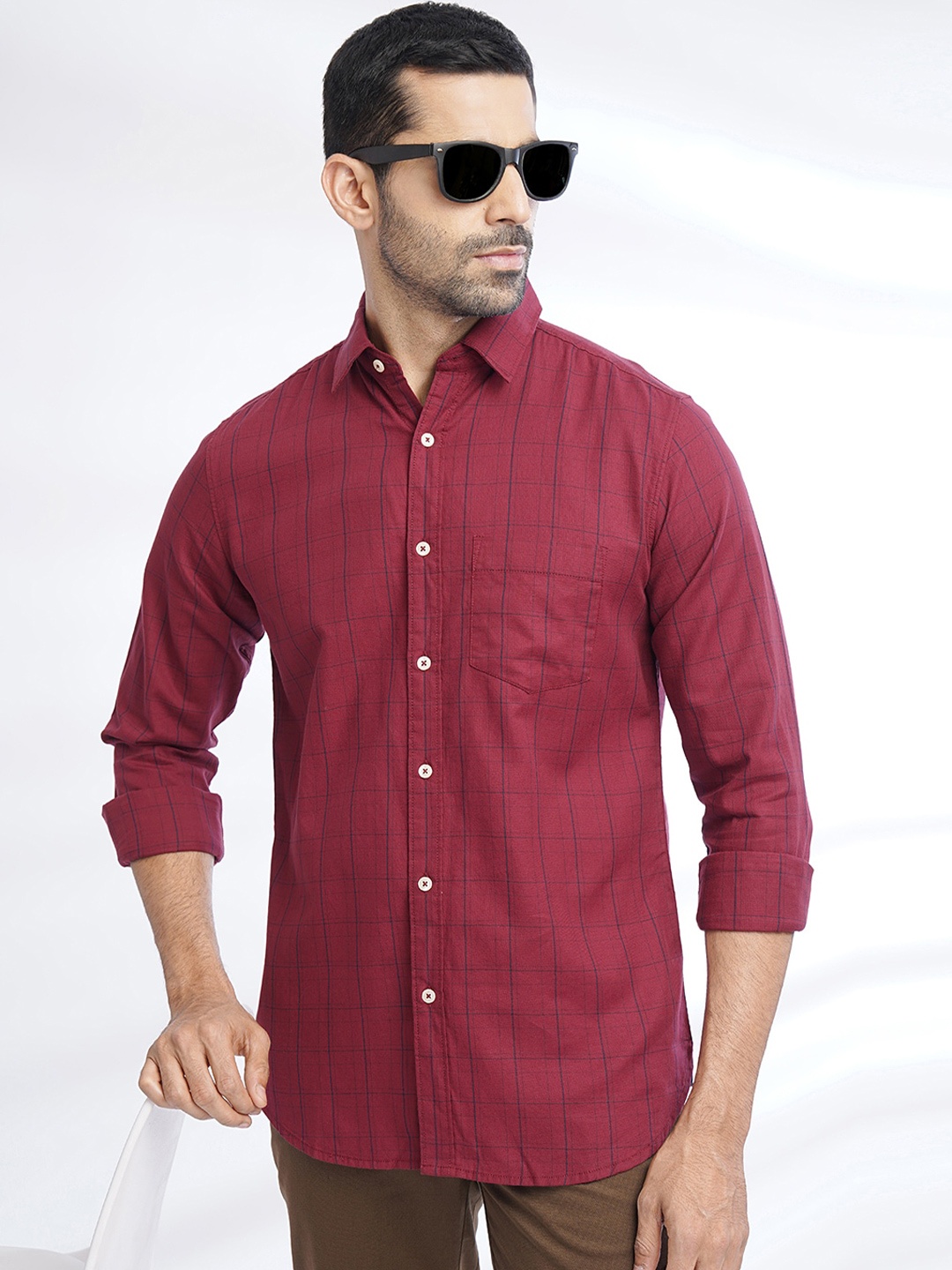 

JADE BLUE Slim Fit Opaque Checked Cotton Casual Shirt, Maroon