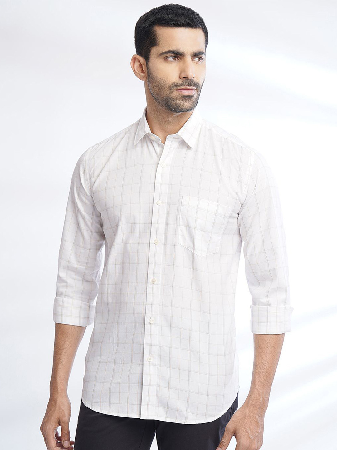 

JADE BLUE Slim Fit Windowpane Checks Opaque Checked Cotton Casual Shirt, White
