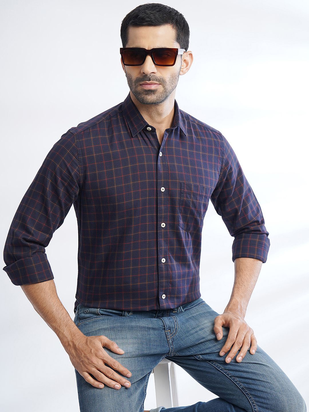 

JADE BLUE Slim Fit Opaque Checked Cotton Casual Shirt, Navy blue