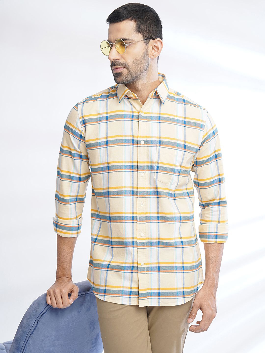 

JADE BLUE Checked Cutaway Collar Slim Fit Cotton Casual Shirt, Yellow