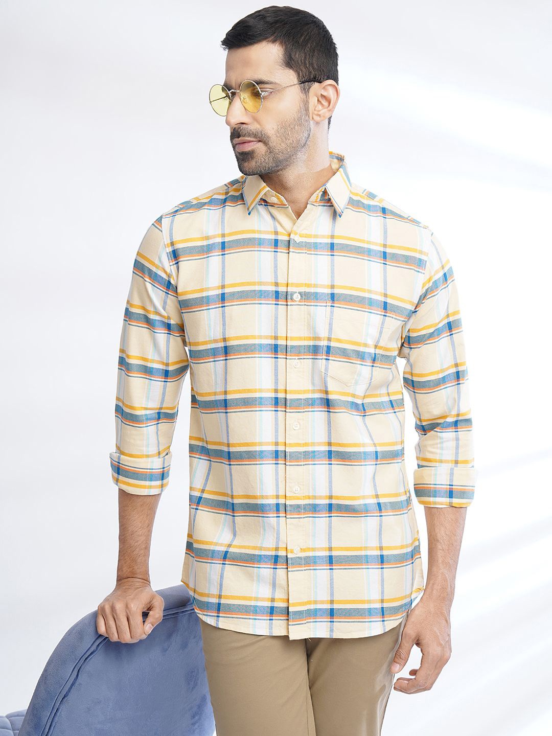 

JADE BLUE Slim Fit Opaque Checked Cotton Casual Shirt, Yellow