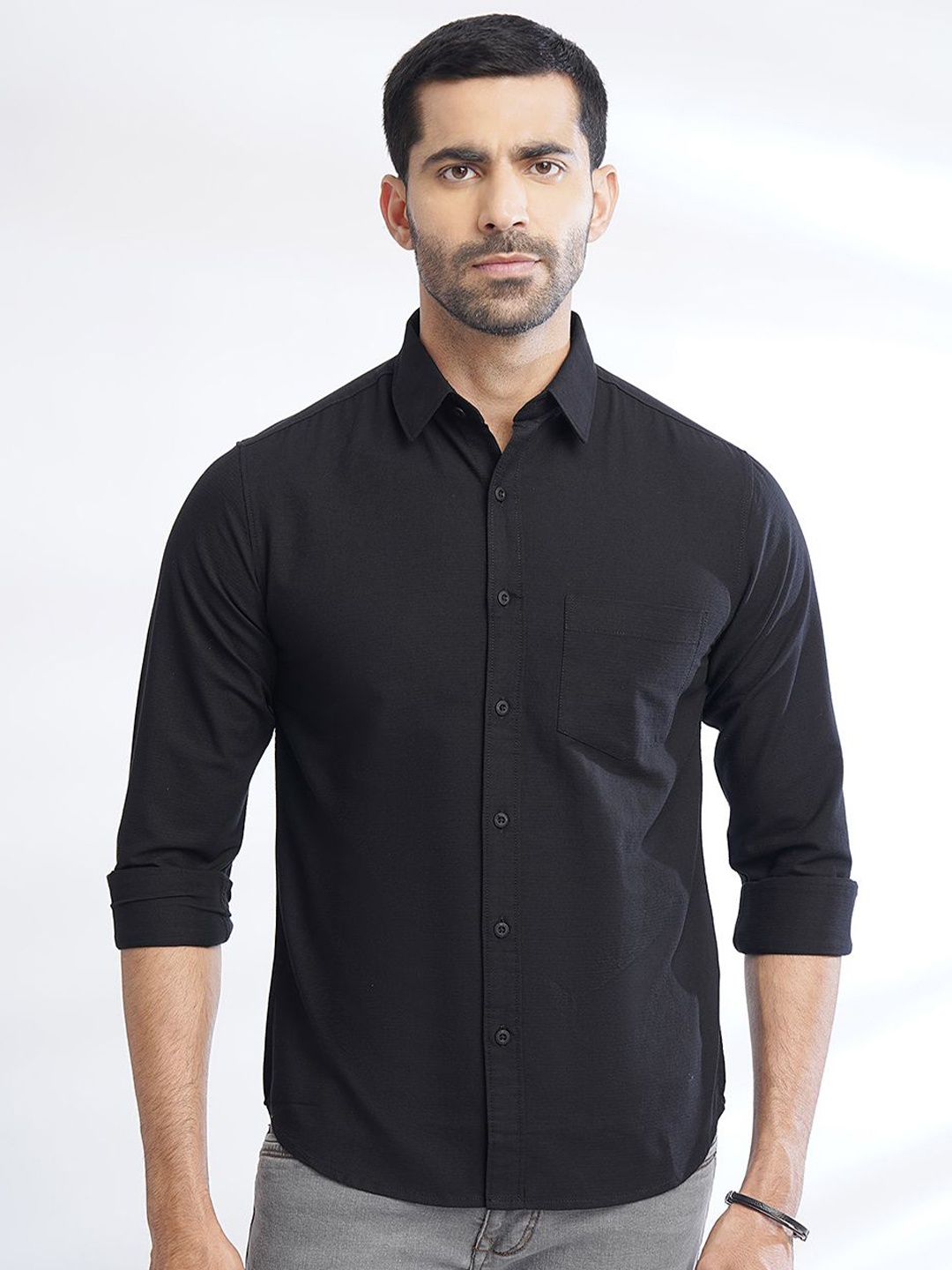 

Greenfibre Spread Collar Slim Fit Cotton Casual Shirt, Black