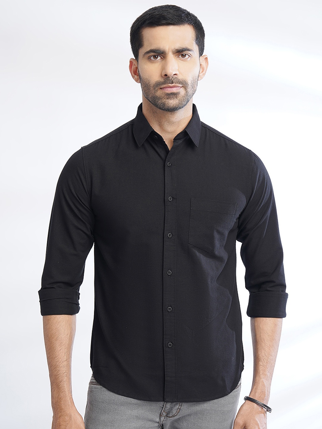 

Greenfibre Spread Collar Slim Fit Cotton Casual Shirt, Black