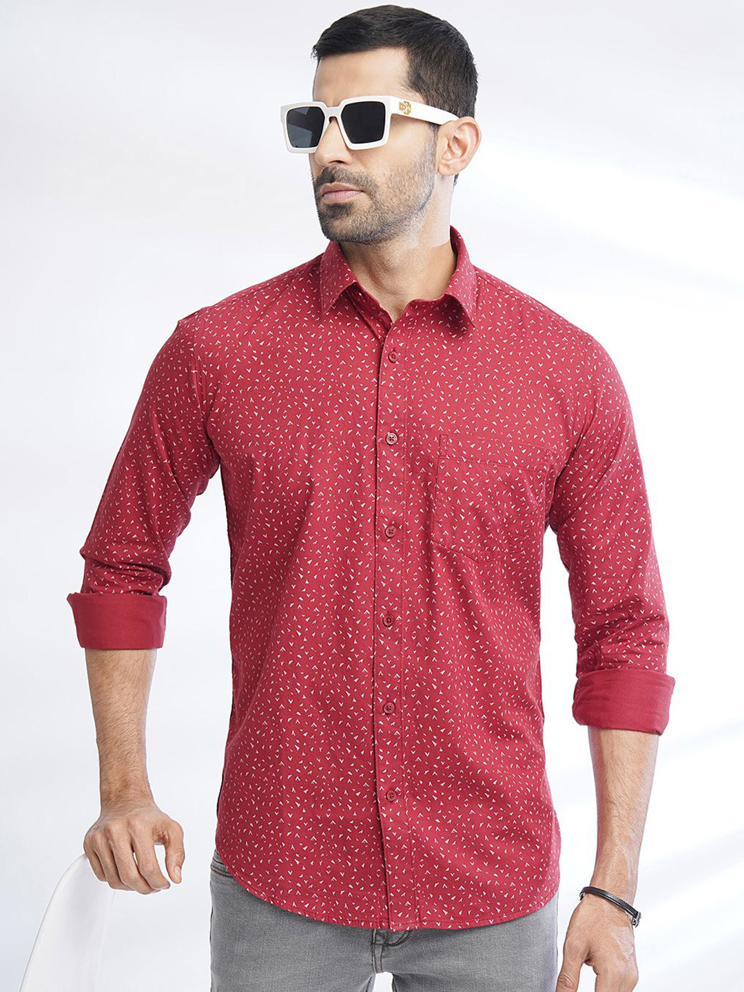 

Greenfibre Spread Collar Slim Fit Printed Cotton Casual Shirt, Red