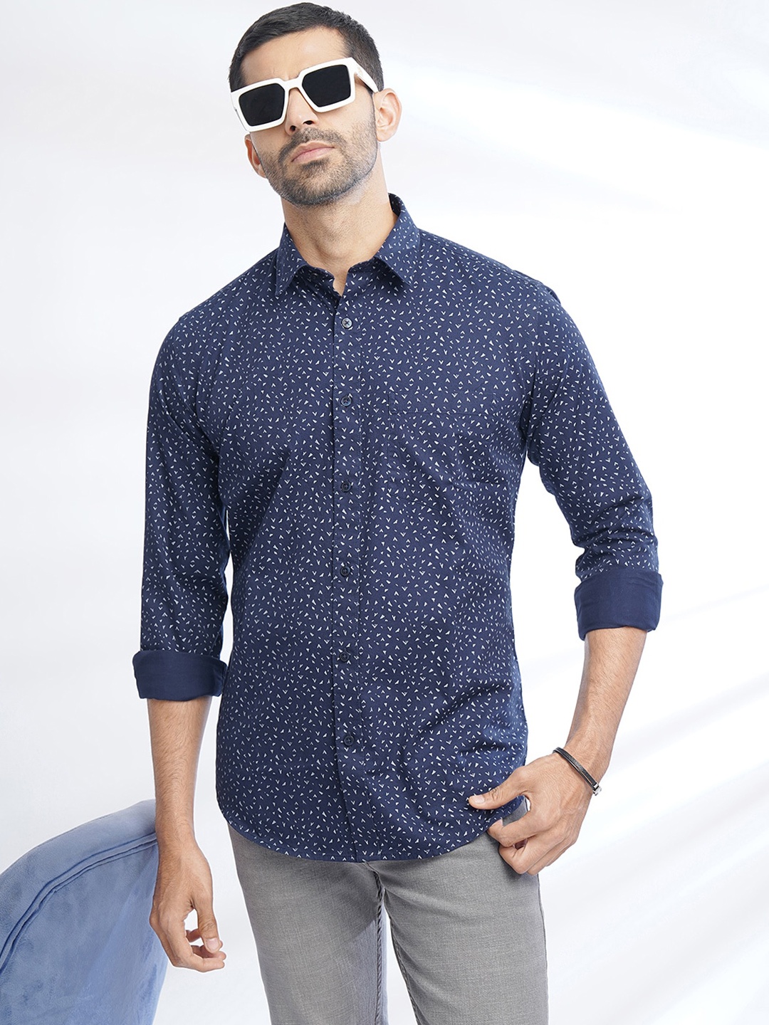 

Greenfibre Spread Collar Slim Fit Printed Cotton Casual Shirt, Navy blue