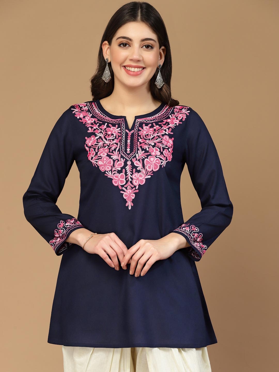 

QAZMI Naila Kashmiri Embroidered A-Line Flared Kurti, Blue