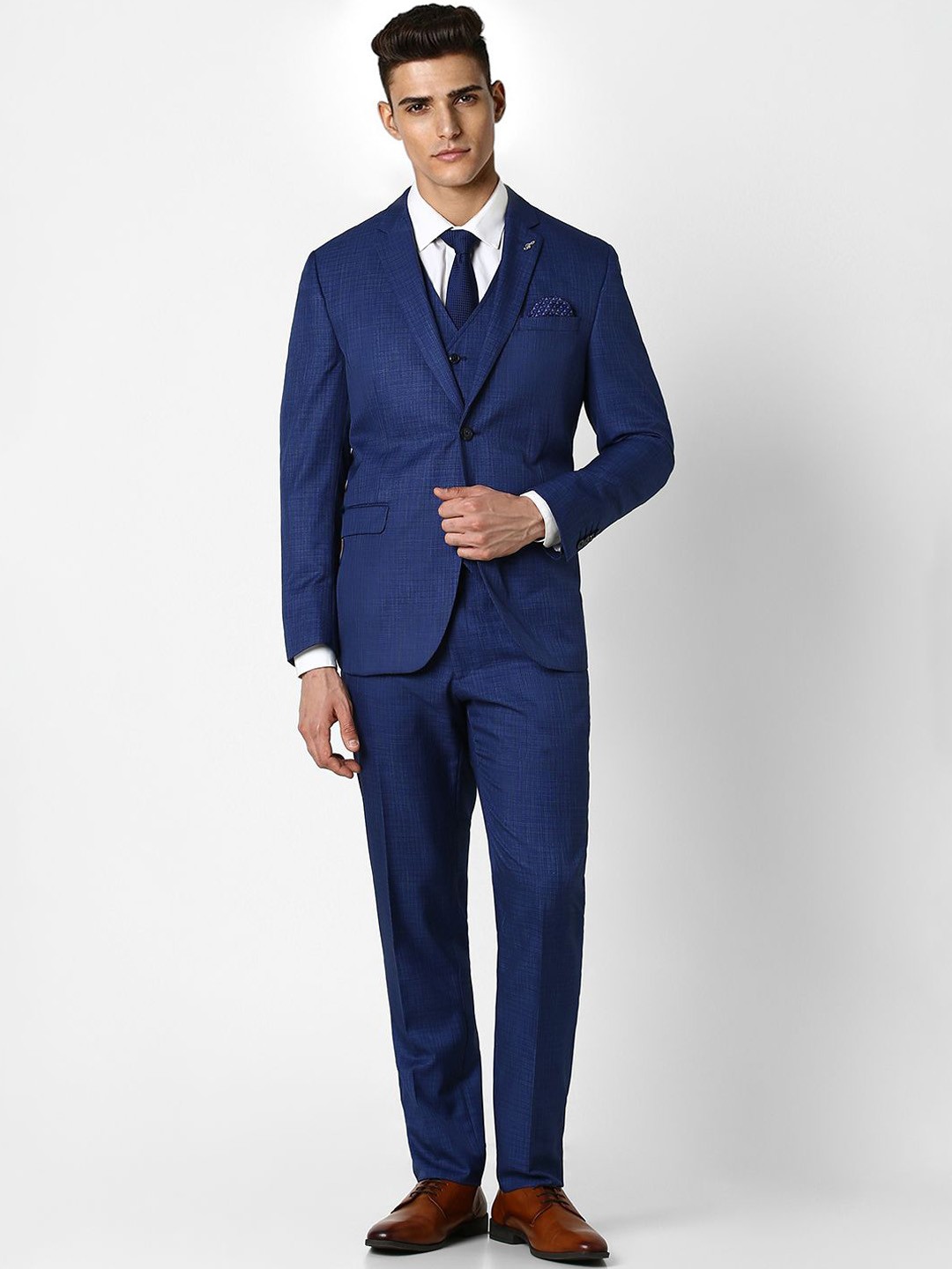 

Van Heusen Checked Slim-Fit Single-Breasted Three-Piece Party Suit, Blue