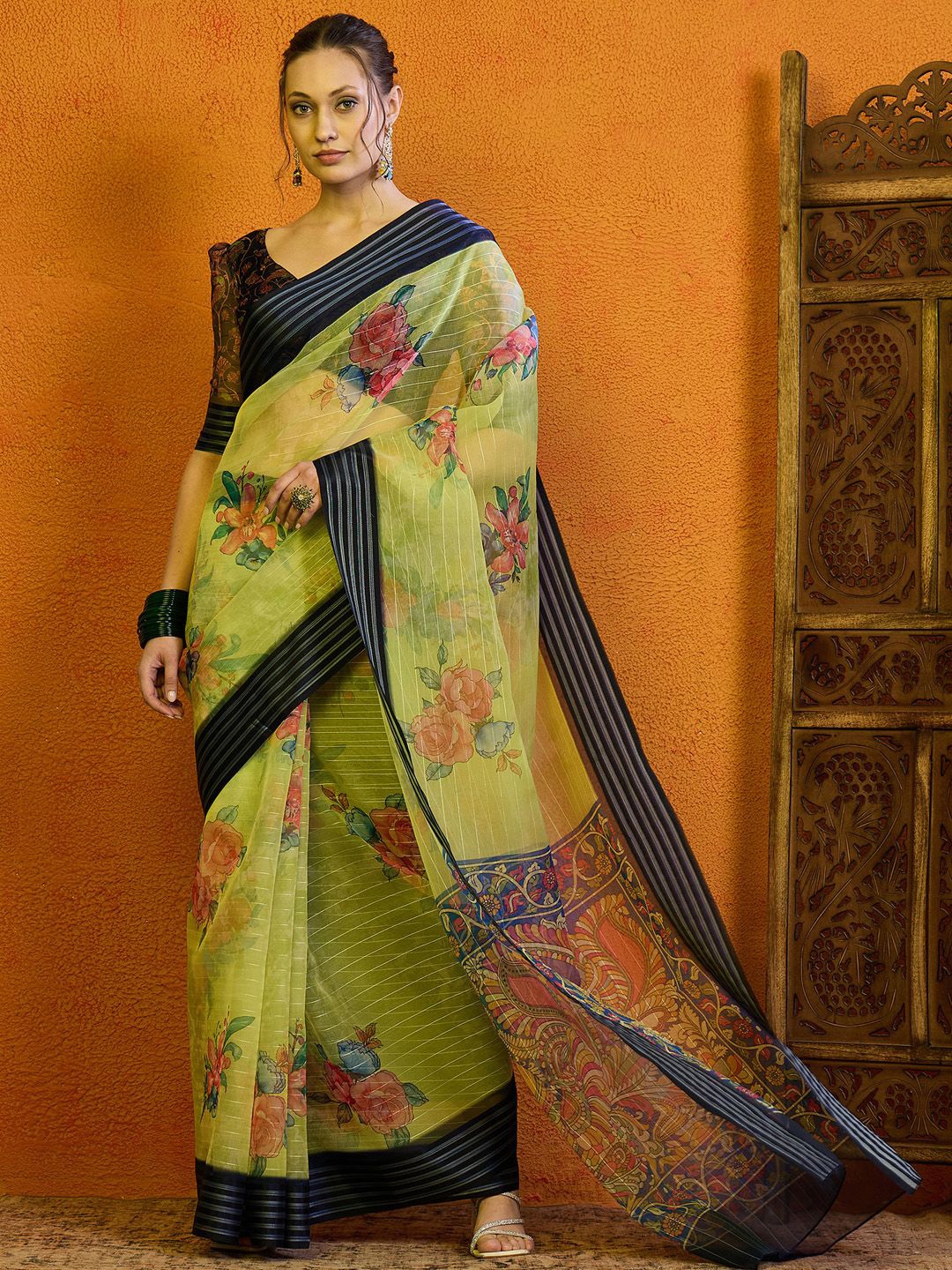 

Mitera Floral Organza Bagru Saree, Green