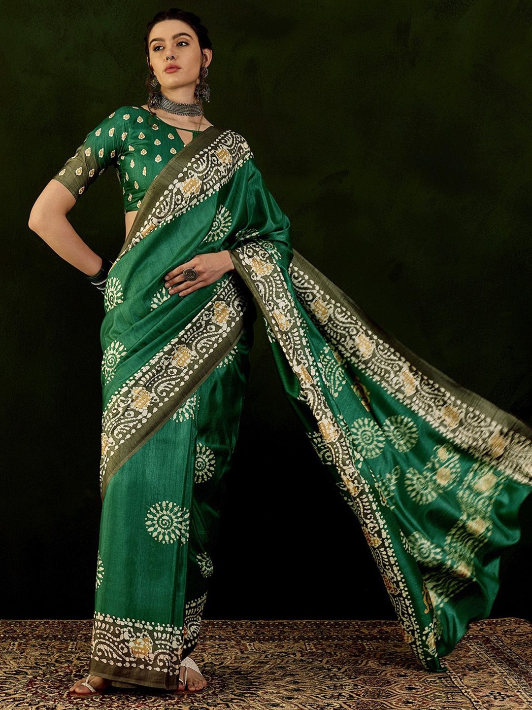 

Mitera Ethnic Motifs Bagru Saree, Green