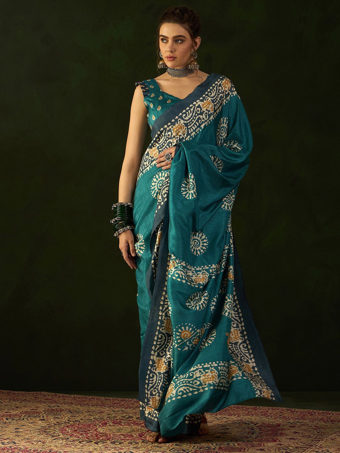 

Mitera Ethnic Motifs Batik Saree, Teal