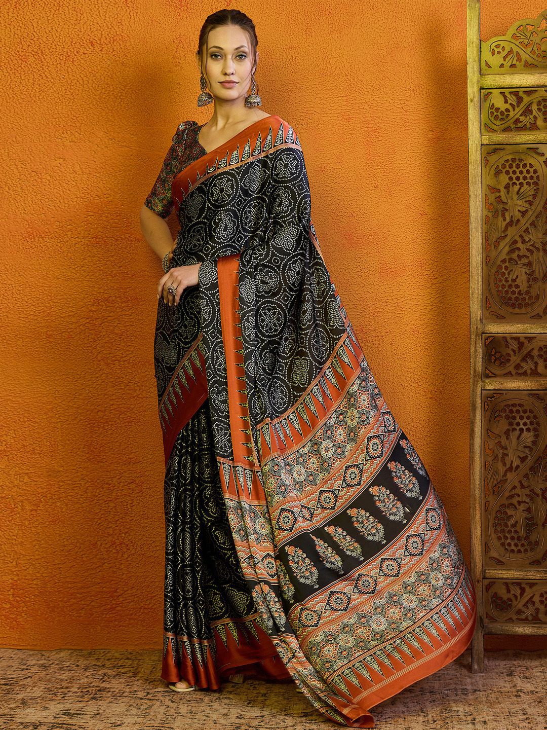 

Mitera Bandhani Printed Satin Block Print Saree, Black